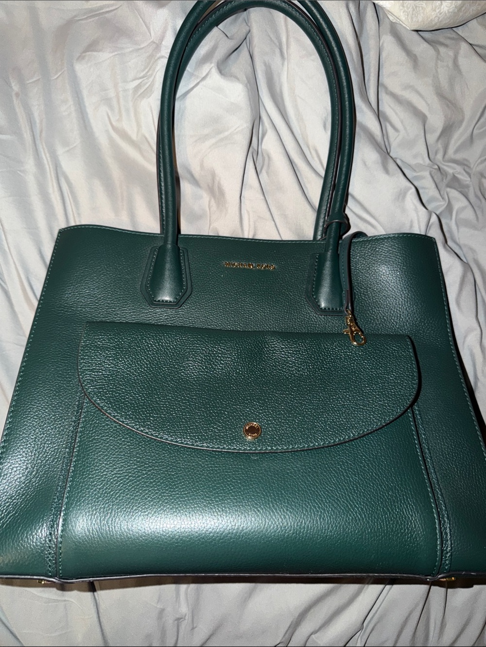MICHAEL Michael Kors Emerald Green Leather Tote with Front Flap Pocket